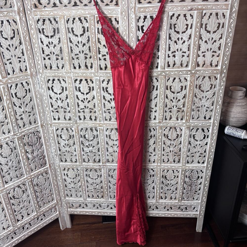 Y2K FREDERICK'S OF HOLLYWOOD Maxi Lace Slip Dress Sz L Red Satin Strappy Gown